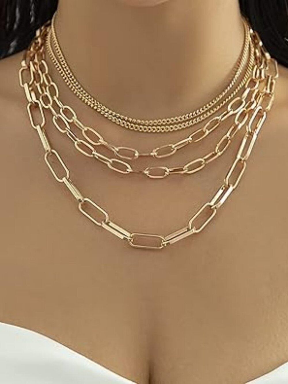Gold Tone 5 Layered Chain Necklace Paperclip Rope Choker Statement Chunky
